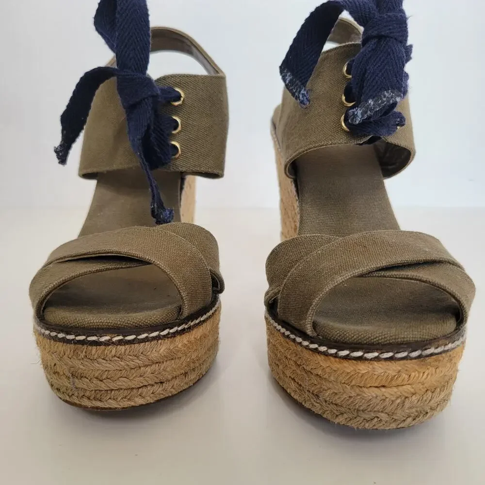 Tory Burch Lace Up Espadrille Wedge Sandals Olive Green Platform Women 9